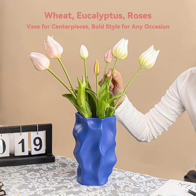 Klein Blue Ceramic Vase with Organic Wave Texture - 8.3" Unique Flower Vase for Pampas Grass & Centerpieces, Decorative Boho/Farmhouse Vase for Living Room, Office Desk & Gift for Her/Yourself