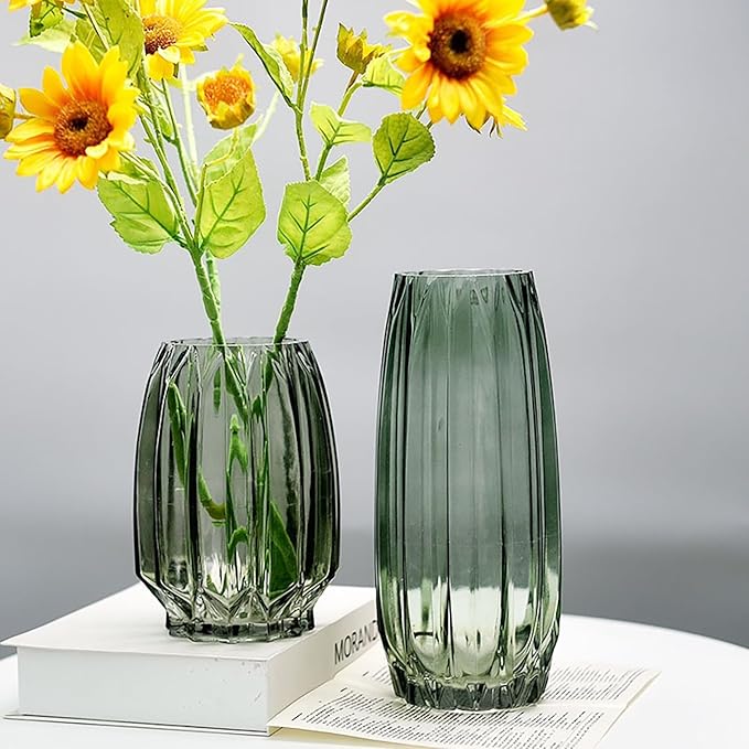 Green Glass Vase Modern Ribbed for Flowers, Candles, and Decorative Accents - Tall/Short Glass Vase for Centerpieces Home Table Decor(Green H8.0inch)