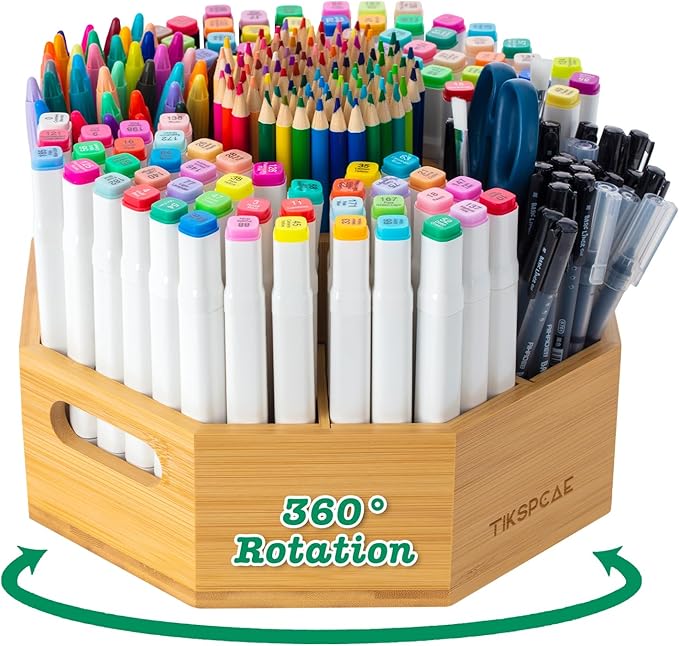 360° Rotating Art Supply Organizer, Holds 750+ Pencils, Bamboo Marker & Pen Holder with Handles, Desk Storage Caddy for Paint Brushes, Crayons, Ideal for Office, Home, Classroom