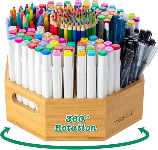 360° Rotating Art Supply Organizer, Holds 750+ Pencils, Bamboo Marker & Pen Holder with Handles, Desk Storage Caddy for Paint Brushes, Crayons, Ideal for Office, Home, Classroom