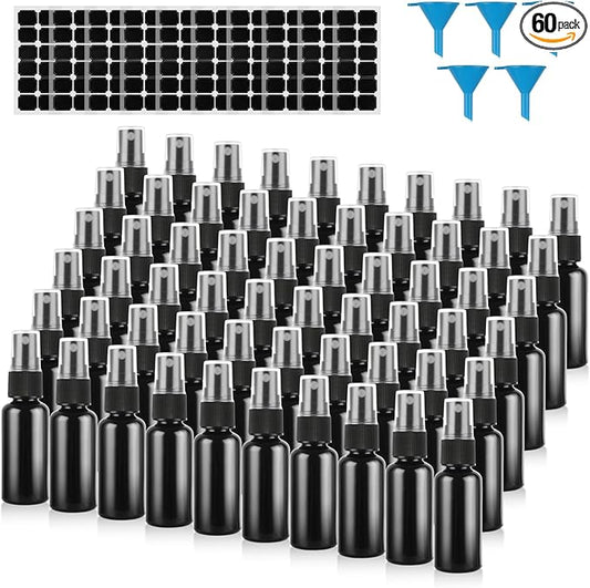 60 Pack 1 oz Spray Bottle, Black Spray Bottle with Small Fine Mist Spray and Plastic Cap, Refillable for for Essential Oils, Bath, Beauty, Hair & Cleaning