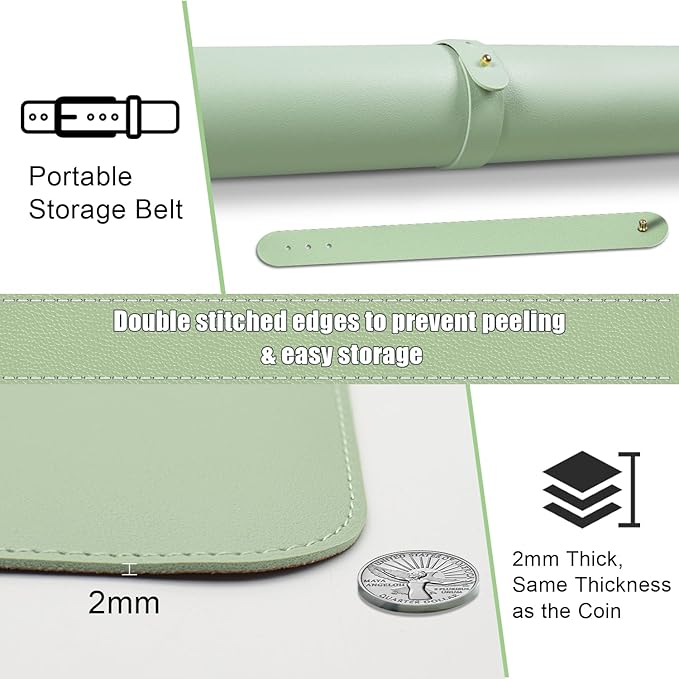 Large Non-Slip PU Leather Office Mat, 55'' x 17'', Laptop Desk Blotter Pad for Home & Office, Light Green