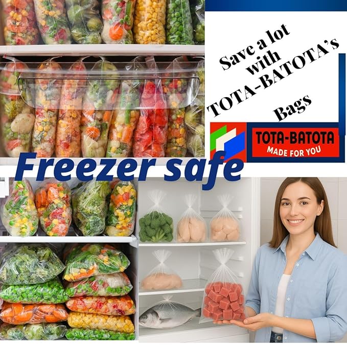 Plastic Produce Bags on Roll – 500 Count, 10x15 in, Clear Food Storage Bags with Easy Tear Red Line, for Fruits, Vegetables, Meat, Freezer, Grocery & Kitchen Use,TOTA-BATOTA