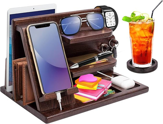 Wood Phone Docking Station - Gifts for Men Desk or Nightstand Organizer - Birthday Gifts for Husband, Fathers Day for Dad - Anniversary Idea from Wife - Key Holder, Stand Wallet, Watch & Essentials
