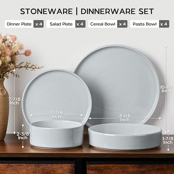 Onader Plates and Bowls Sets, 16 Pieces Stoneware Dinnerware for 4, Kitchen Dinner Dish Set with Pasta Bowl, Ceramic Dishware Dining Ware, Microwave & Dishwasher Safe - Slate Gray