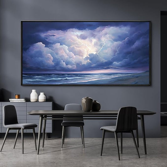 yiijeah Living Room Wall Decor - Modern Wall Art for Bedroom Office Decor Extra Large Abstract Thundercloud Beaches Coast Painting Framed Canvas Prints Ready to Hang Wall Pictures Home Decor