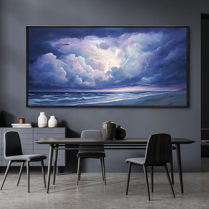 yiijeah Living Room Wall Decor - Modern Wall Art for Bedroom Office Decor Large Abstract Thundercloud Beaches Coast Painting Framed Canvas Prints Ready to Hang Wall Pictures Home Decor