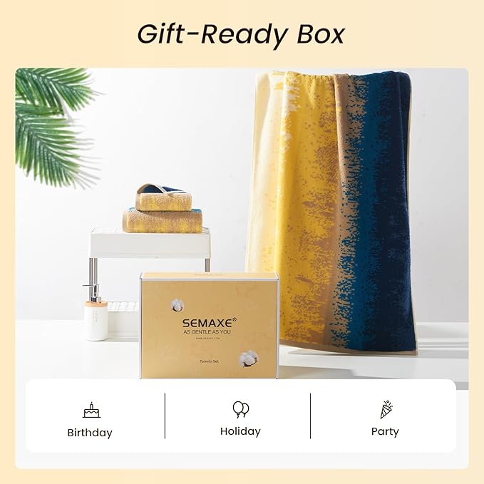 SEMAXE Colorful Bath Towel Set, 100% Cotton Bathroom Towels with Hanging Loops, Soft & Absorbent, 8 Piece Towel Set Include 2 Bath Towels, 2 Hand Towels, 4 Washcloths, Yellow | Brown | Blue