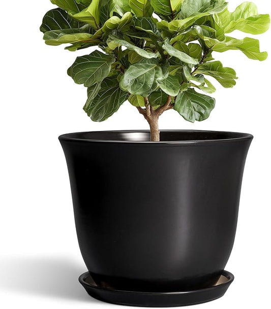 Ceramic Plant Pots - 12 Inch Plant Pot for Indoor Plants Outdoor, Large Planter with Drainage Hole and Saucer, Round Planters, Modern Flower Pot, Garden Patio Home Decor, Garden Gift, Black