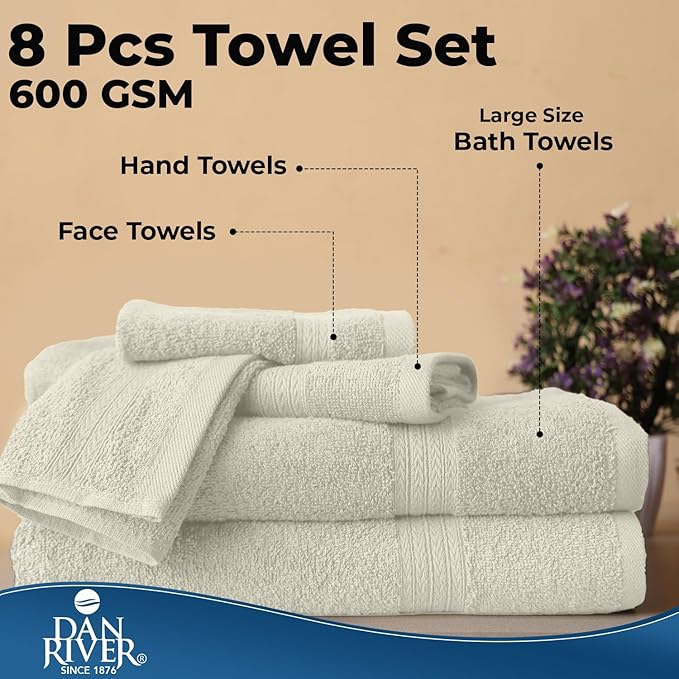 DAN RIVER 8 PC Luxury Bath Towels for Bathroom, 2 Bath, 2 Hand, and 4 Wash Cloths, 600 GSM 100% Ring Spun Cotton Towel Set, Highly Absorbent, Gym, Hotel, and Spa, Ivory