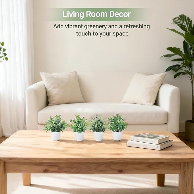 Mkono 4 Packs Fake Plants Mini Artificial Greenery Potted Plants Faux Eucalyptus for Christmas Home Decor Indoor Office Table Shelf Room Bathroom Farmhouse Decor