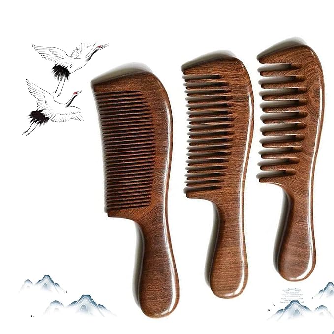 Letyvba Walnut Hair Comb, Wooden Comb for Women, Premium Antistatic Walnut 3-Piece Comb Set - Wide, Medium, and Fine Tooth. For Women and Men with Curly, Wet, Long, Dry, or Thin Hair