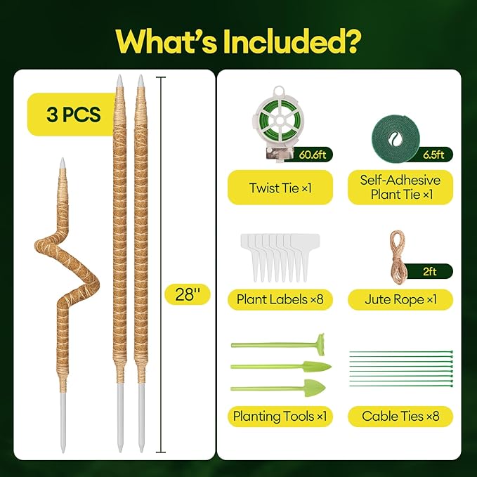 3-Pack 28” Bendable Moss Pole Monstera Plant Support for Climbing Indoors Plants, Coir Moss Poles Sticks DIY, Plant Support Stake for Potted Plants