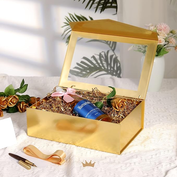 PACKQUEEN Large Gold Christmas Gift Box with Window, 13.5x9x4.1 Inches Clear Gift Box for Present Contains Ribbon, Card, Bridesmaid Proposal Box with Magnetic Lid (Glossy Gold)