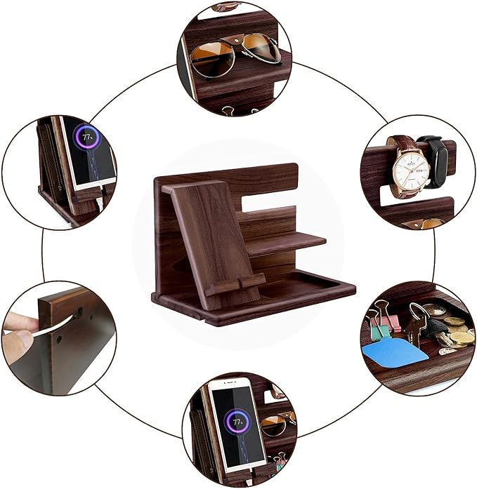 Gifts for Men Bedside Organiser Wood Phone Docking Station Dad Birthday Gifts for Him Nightstand Key Wallet Watch Stand Mens Gifts for Xmas Presents for Dad Husband Boyfriend Anniversary & Christmas