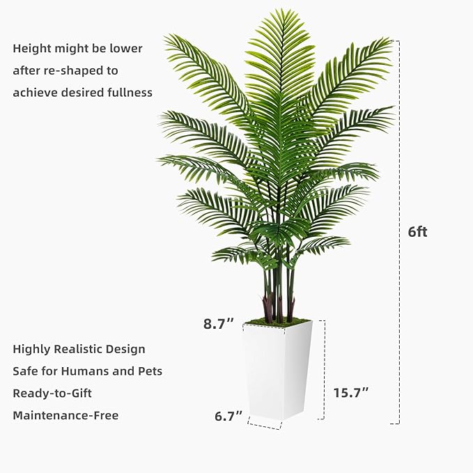 Artificial Palm Tree 6FT - Fake Tree with Black Tall Planter - Faux Tropical Areca Floor Plant in Pot - Artificial Silk Plant for Home Office Living Room Decor Indoor