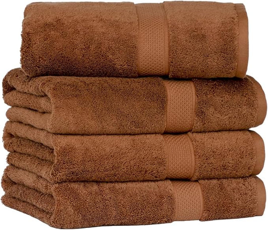 [Japan Technology], Plush Light-Weight Towel, Bath Towel (30x54 inches), 520GSM, Tan, Pack of 4, Quick Dry, High Absorbency, 100% Cotton