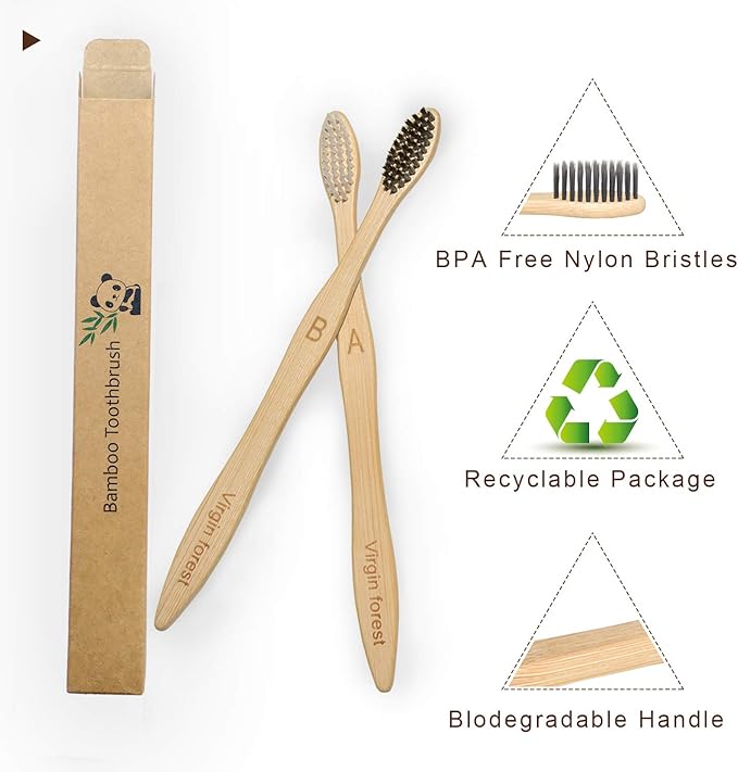 Virgin Forest Bamboo Toothbrushes, Eco Friendly BPA Free Soft Bristles Toothbrush, Biodegradable Natural Wooden Toothbrushes, Vegan Organic Bamboo Charcoal Tooth Brush for Sensitive Gums Set of 10
