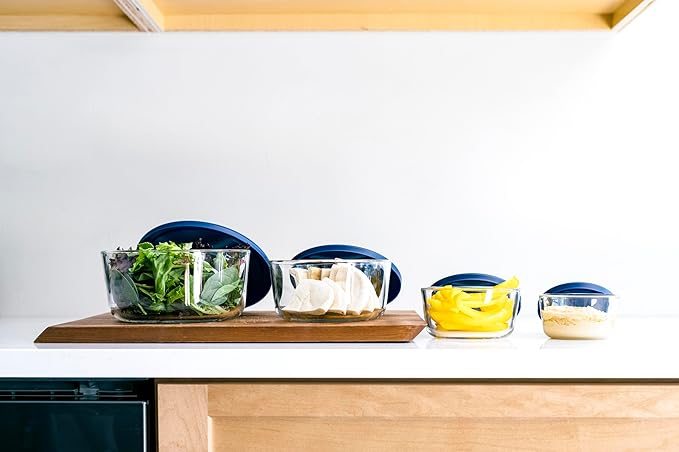 DURA LIVING 8-Piece Glass Food Storage Containers Set (4 Containers + 4 Lids) | Round, Nesting, Microwave & Dishwasher Safe | BPA-Free, Space-Saving | Blue Lids for Pantry & Kitchen Organization