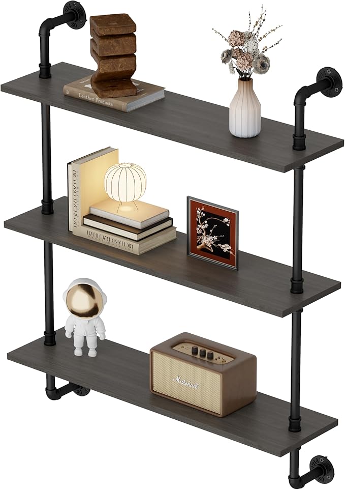 3-Tier Industrial Pipe Floating Shelf – Rustic 30 inch Wood Wall-Mounted Storage Shelf for Kitchen Office,Bathroom & Home Decor -Black