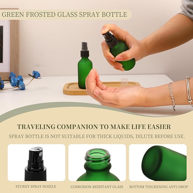 Green Glass Small Spray Bottles 2 oz 24 Packs,Fine Mist Sprayer Pretty Finish,Refillable Containers mini spray bottles for Cleaning Solutions and Skin Care (Green Frosted 24pcs)