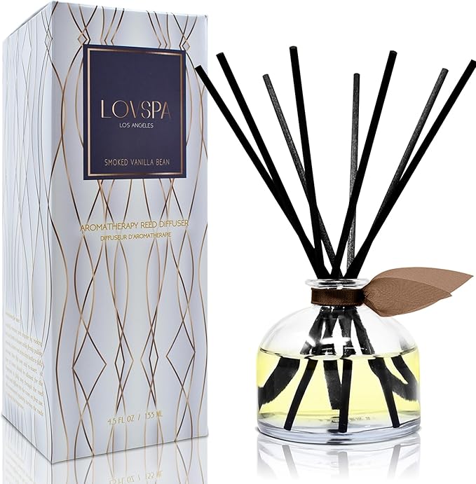 LOVSPA Reed Diffuser Set, Smoked Vanilla Scented Oil Diffuser with Sticks, Home Fragrance Accessories for Bathroom Shelf Decor, Aroma Diffusers for Home or Office Fall Decor, USA Made