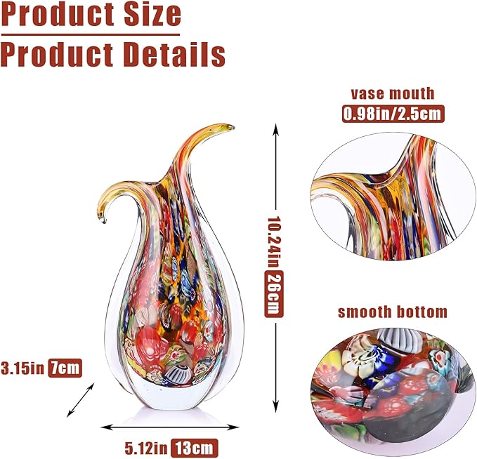 Hand Blown Glass Vase for Centerpiece, Murano Style Table Decoration, Red Blown Art Glass Ellipse Flower Vase, Single Stem Beautiful Decor for Home, Beachy Room Decor for Home Shelf