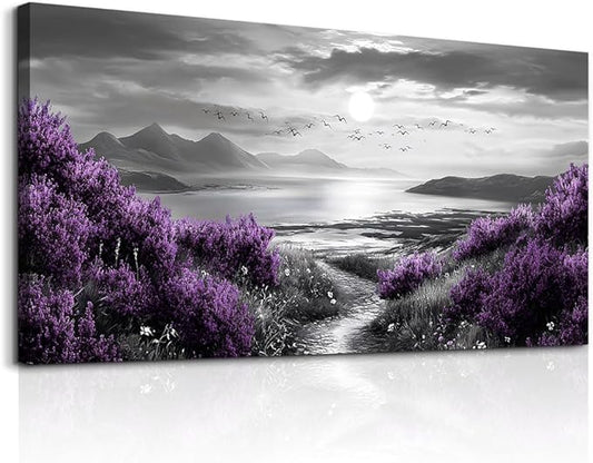 Canvas Wall Decor for Office Large Wall Art for Living Room Modern Bedroom Wall Decoration Purple Flowers Landscape Pictures Black and White Scenery Paintings Artwork Aesthetic Home Decor