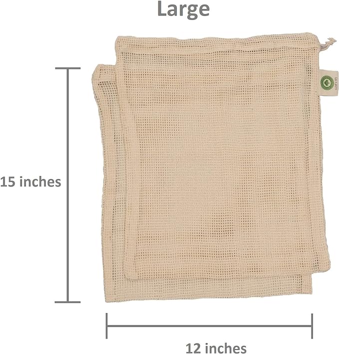 Reusable Cotton Mesh Produce Bags - 100% Organic Cotton, Durable, Double Stitched, Washable with Tare Weight & Drawstring - Mesh Bags for Grocery Shopping, Vegetables & Fruits | Set of 6 (2L, 2M, 2S)