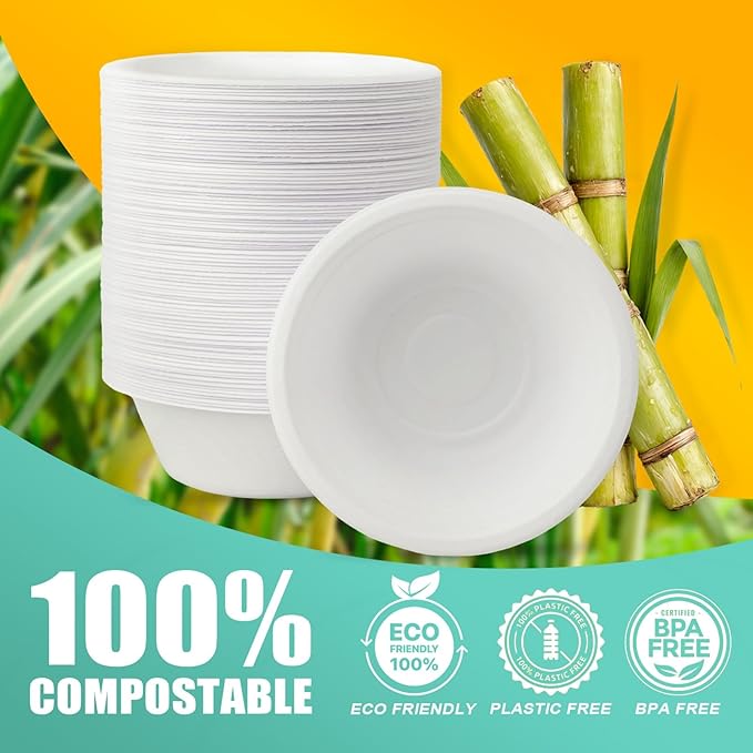 100 Count 12 oz Paper Bowls, Disposable Compostable Bowls, Heavy Duty Biodegradable Bagasse Bowl for Snacks, Soup, and Salads, White