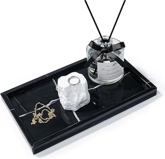 Amauto Natural Marble Vanity Tray Genuine Stone Storage Perfumes Tray Real Luxurious for Home Decor Bathroom/Vanity/Dresser Non-Resin/Non-Ceramic (Black)