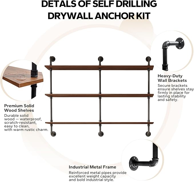 3-Tier Industrial Pipe Floating Shelf – Rustic 48 inch Wood Wall-Mounted Storage Shelf for Kitchen Office,Bathroom & Home Decor -Walnut