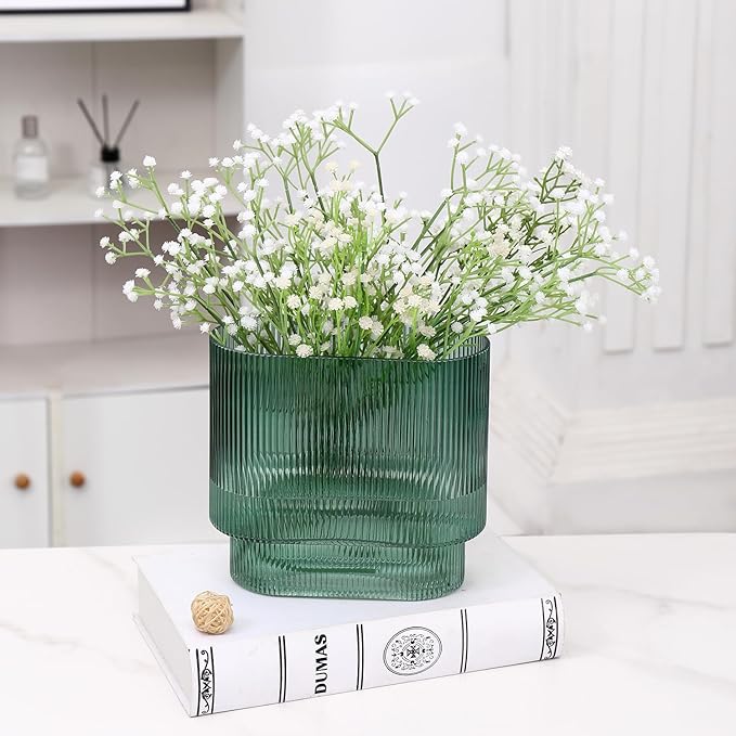 Green Glass Vase, Ribbed Glass Vase for Flowers, Flower Vases for Bouquet, Fluted Glass Vases, Modern Vase for Living Room, Dining Room, Bathroom, Desk, Shelf, Wedding, Office, 7 Inches