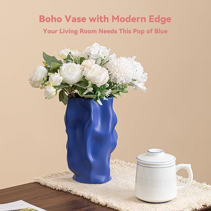 Klein Blue Ceramic Vase with Organic Wave Texture - 8.3" Unique Flower Vase for Pampas Grass & Centerpieces, Decorative Boho/Farmhouse Vase for Living Room, Office Desk & Gift for Her/Yourself