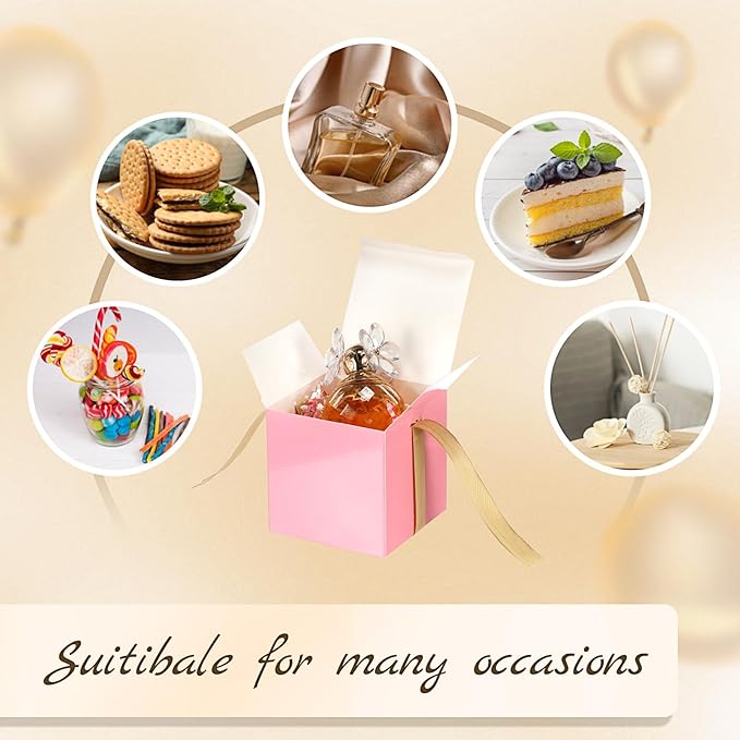 48 Pcs Christmas Gift Boxes with Ribbon Small Party Favor Boxes with Lids Mini Treat Candy Container for Wedding, Party, Birthday, Valentine's Day and More(Pink,4 Inch)