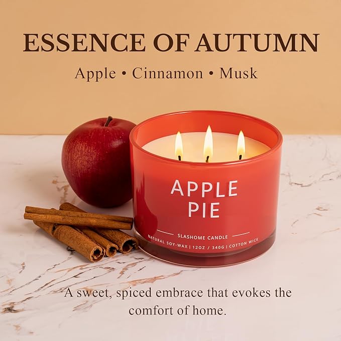 Apple Pie Fall Candle, Large 12oz 3 Wick Luxury Candle, Elegant Autumn Gift for Women & Men, 60+ Hour Burn Time & Non-Toxic, Cozy Fall & Halloween Home Decor