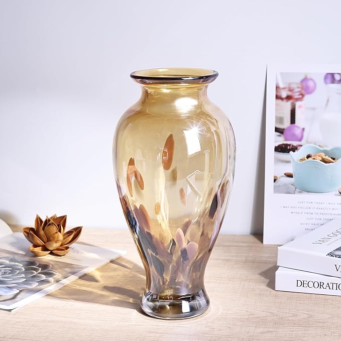 Hand Blown Glass Vase 11.8" Tall Beautiful Amber Gold Sea Wide Mouth Bud Vase for Table Centerpiece, Painted Colorful Murano Glass Flower Vases for - Home Entrance Wedding Center