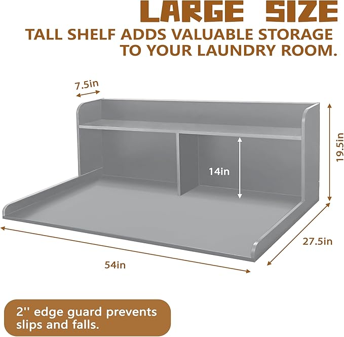 Royxen 2-Tier Washer Dryer Countertop,19.5"H Wood Washer and Dryer Topper with Storage Shelf,Laundry Countertop Over Washer Machine, Universal Fit for Laundry Room Organization (Grey,54"W X 27.5"D)