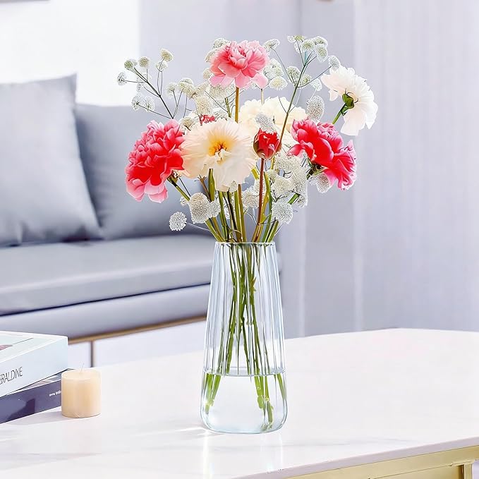 8.3in Clear Glass Vase for Flowers, Ribbed Flower Vase for Table Centerpiece Wedding Home Decor, Modern Glass Vases for Living Room, Bedroom, Dining Table, Office, Birthday Housewarming Gift (Striped)