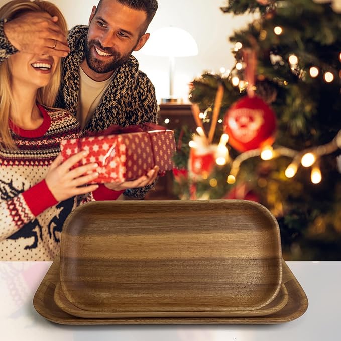 MinBoo Wooden Acacia Plates set of 3, 9-6Inch Wood Acacia Serving Trays, Farmhouse Kitchen Plates, Reusable Wooden Dishware for Dining, Appetizers, Snacks, Parties (rectangle)