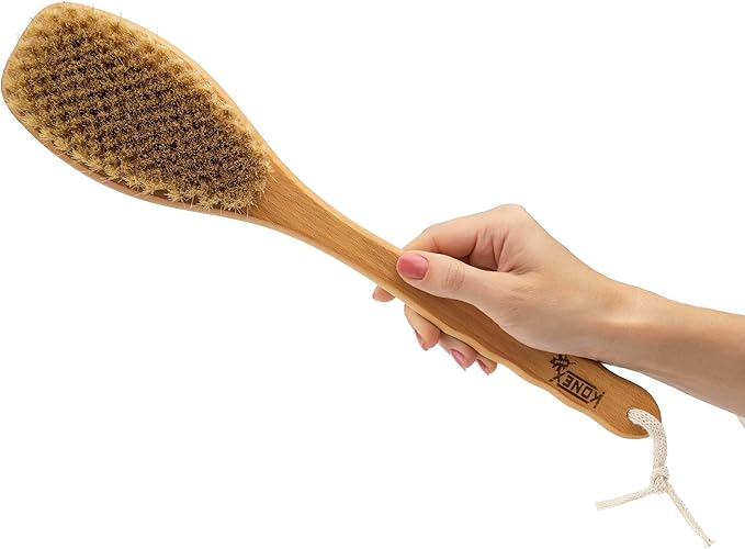 KONEX Bath Brush Set, Exfoliating Shower Scrubber, Dry Brushing Body Brush Set, Pore Opening, Beechwood Handle with Natural Bristle Large 15" Plus Small Face Brush