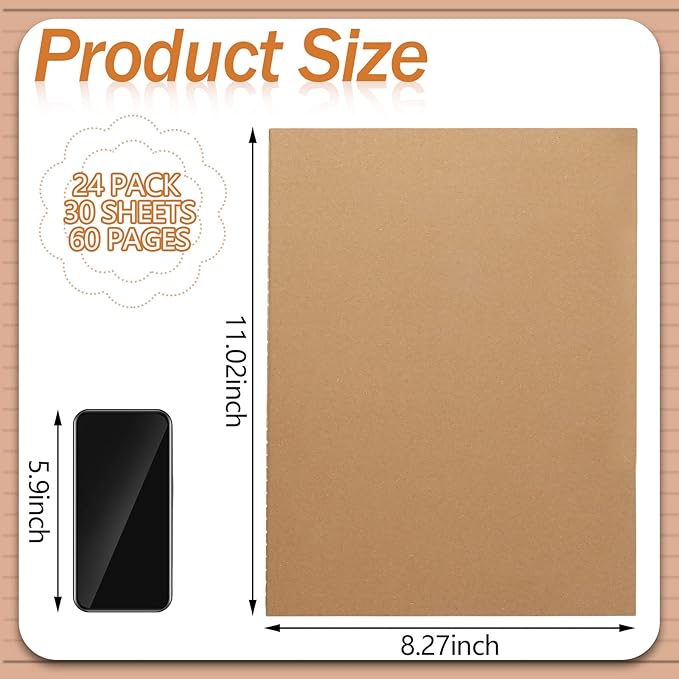 Lincia 24 Pack Large Kraft Notebooks Bulk, 8.5 x 11 Inch College Ruled A4 Subject Diary Journals Notebooks for Office Notes Writing Supplies, 60 Pages
