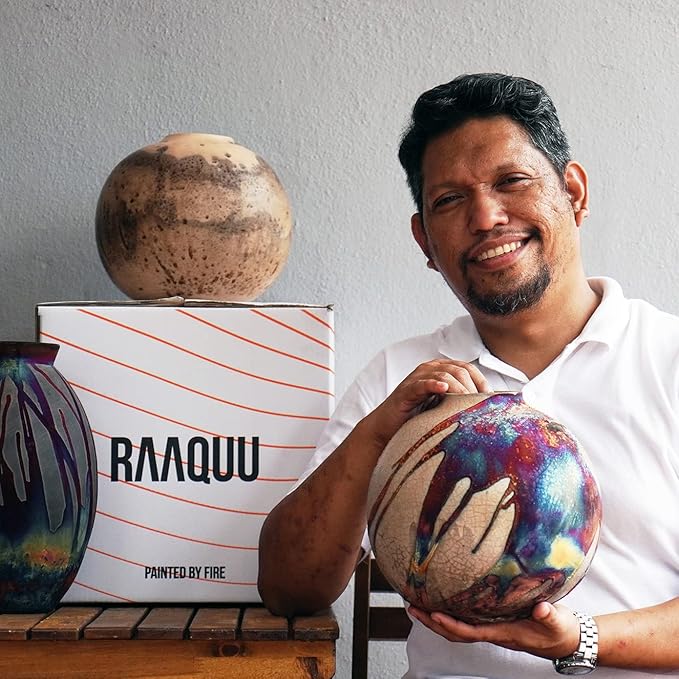 RAAQUU Koban 7" Raku Clay Pottery Home Decor Vase - Half Copper Matte - Boho Wall Art