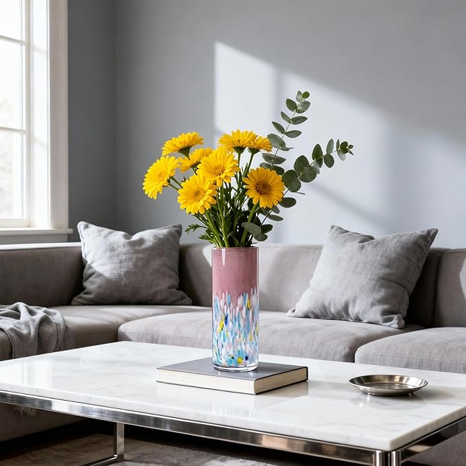 9.45" Tall Pink Vase Hand Blown Glass Vase Green, Modern Pink Home Centerpieces Wide Mouth Vases for Bud&Flower Decor - Ideal Living Room, Kitchen, Wedding, Dining Table, Office Center Table