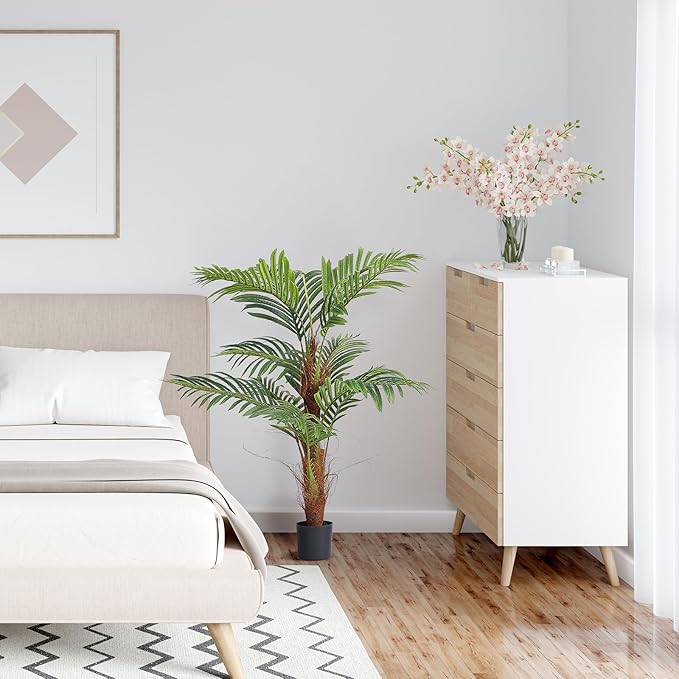 VEVOR Artificial Palm Tree, 4 FT Tall Faux Plant with 10 Artificial Leaves and Moss-Covered Potting Soil, Lifelike Green Fake Tree for Home Office Christmas Decor Indoor Outdoor - 2 Pack