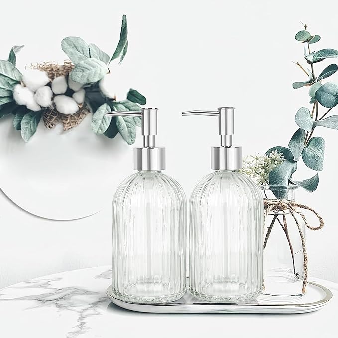 Glass Soap Dispenser with Plastic Pump, Hand Soap Dispenser for Hand Wash, Lotion Dispenser for Dishwashing Liquid, Lotion Shower Gel (Striped Transparent)