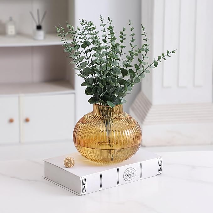 Amber Glass Vase for Tulips, Ribbed Glass Vase for Flowers, Round Flower Vases, Small Short Vases for Living Room, Office, Coffee Table, Shelf, Wedding, 6 Inches