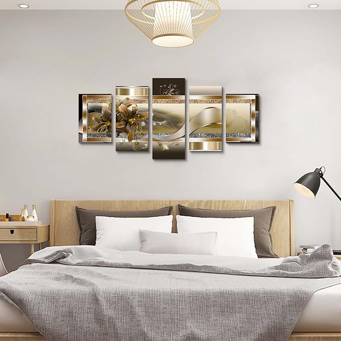 5 Panel Yellow Orchid Flowers Canvas Print - Abstract Golden Floral Wall Decor Poster, 5 pieces Wall Art Painting Decor for Home Decoration Artwork Picture Bedroom Wall Decor (D,Oversize 60x30inch)