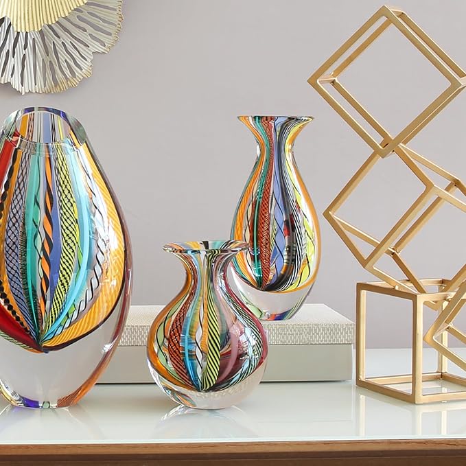 Ca D Oro Small Glass Vase Boho with Colored Canes Hand Blown Murano-Style Art Glass - Model Nº 2