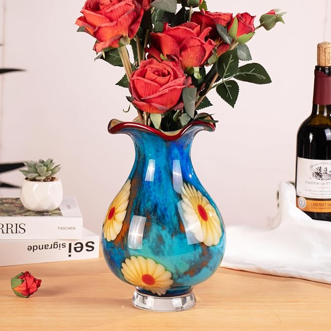 KAMMAK Colored Glass Vase, Beautiful Hand Blown Decorative Vase, Modern Art Vase for Flower Mantle Dining Table Centerpiece, Entryway Living Room Wedding Decoration, FH026